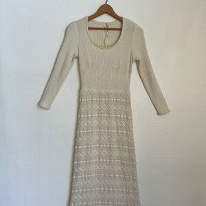 Vintage 1970s Maxi Dress Bohemian Cream Wedding Knit Small Medium